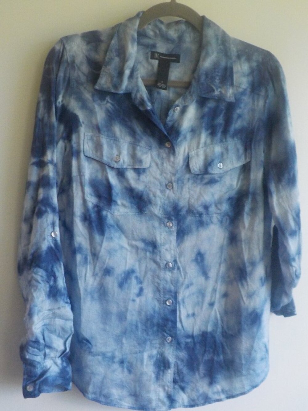 INC Blouse - Size 4 - Blue Tie Dye Button Up Long Tab Sleeve Collar (2380)